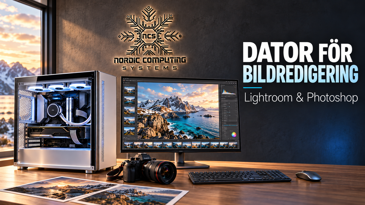 Arbetsplats för bildredigering med vit dator, bildskärm, kamera och belyst Nordic Computing Systems-logga.