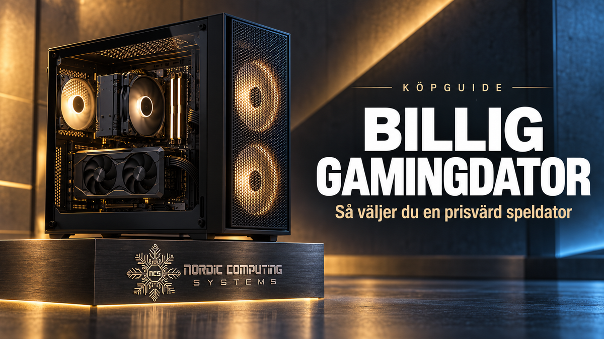 Luftkyld gamingdator med guldfärgad belysning och NCS-logga – köpguide till en billig och prisvärd speldator.