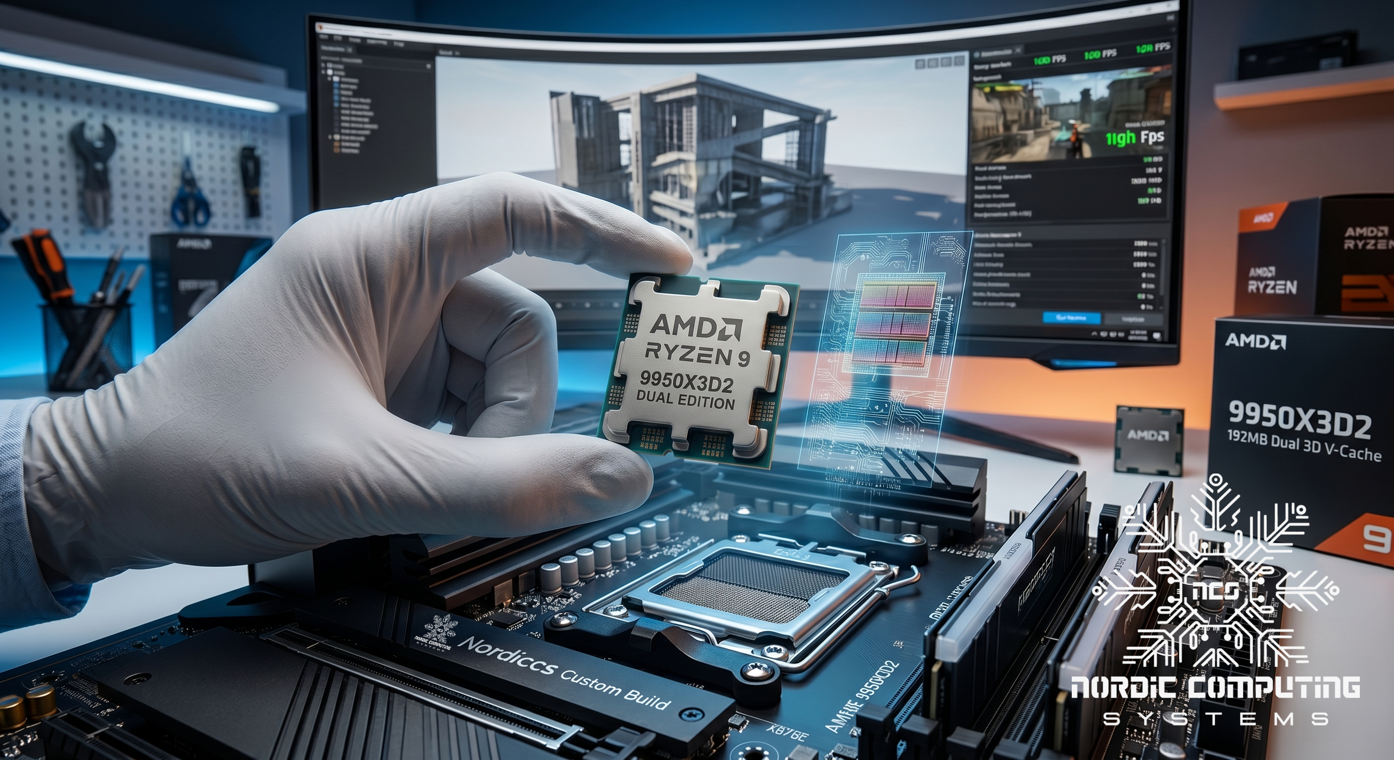 En hand i vit skyddshandske håller en AMD Ryzen 9 9950X3D2-processor över ett moderkort. I bakgrunden syns en datorskärm med grafik och produktens förpackning.