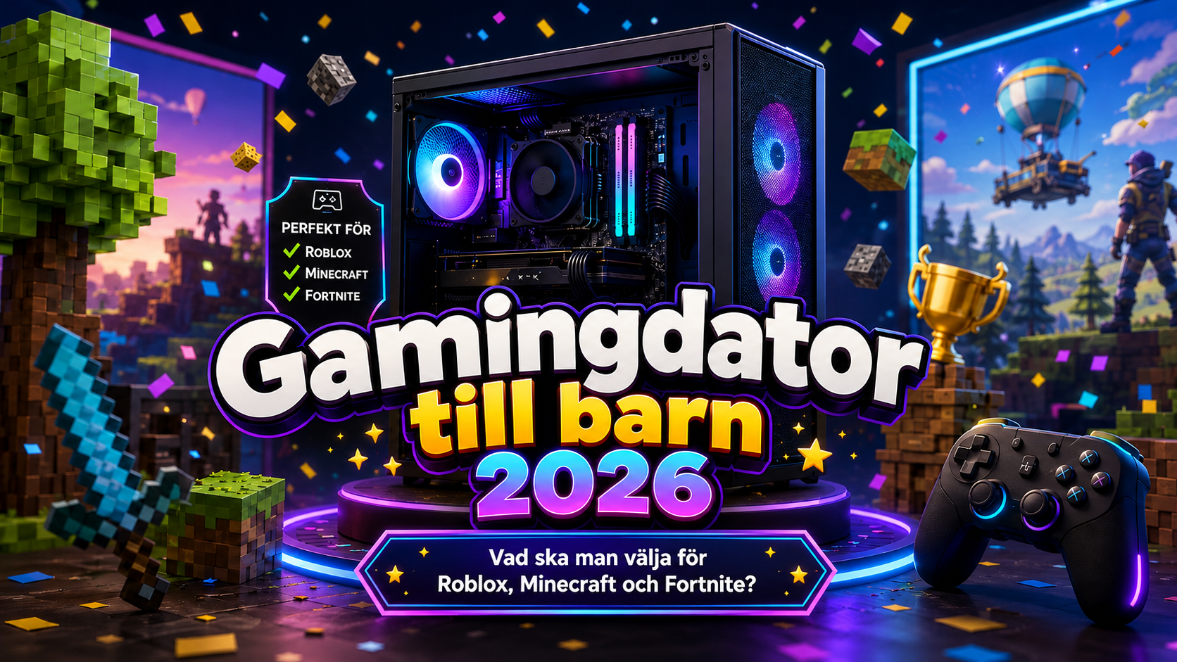 Gamingdator till barn 2026 för Roblox, Minecraft och Fortnite med fokus på RAM, grafikkort, livslängd och uppgraderingar.