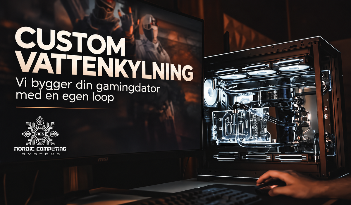 Custom vattenkylning hos Nordic Computing Systems – turkosbelyst gamingdator från referensfotot, med artikelns titel och NCS-logga.