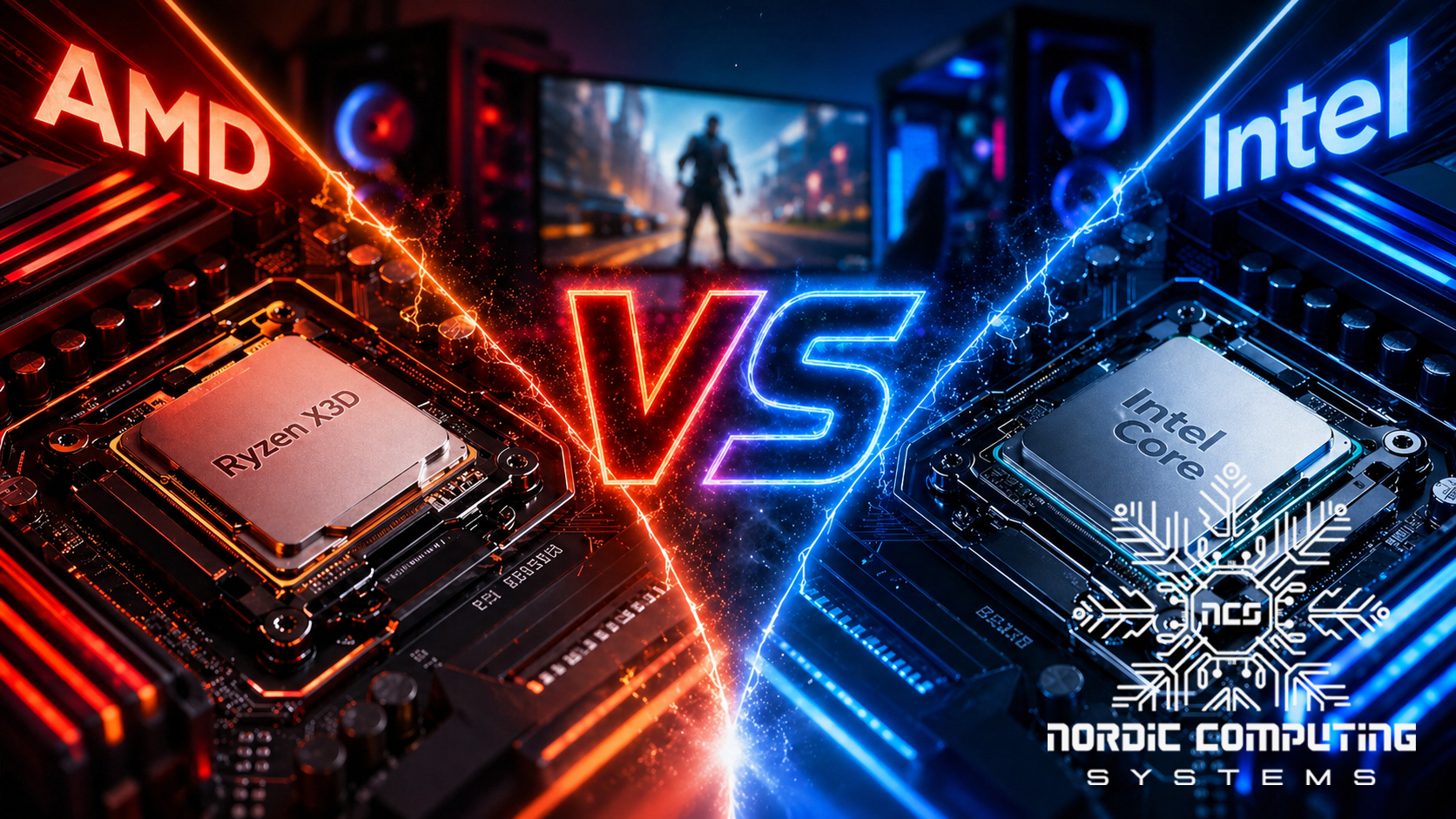 En bild på en AMD processor och en Intel processor. Det är rött på AMDs sida av bilden samt blått på Intels sida av bilden för att visa lag Red vs Blue