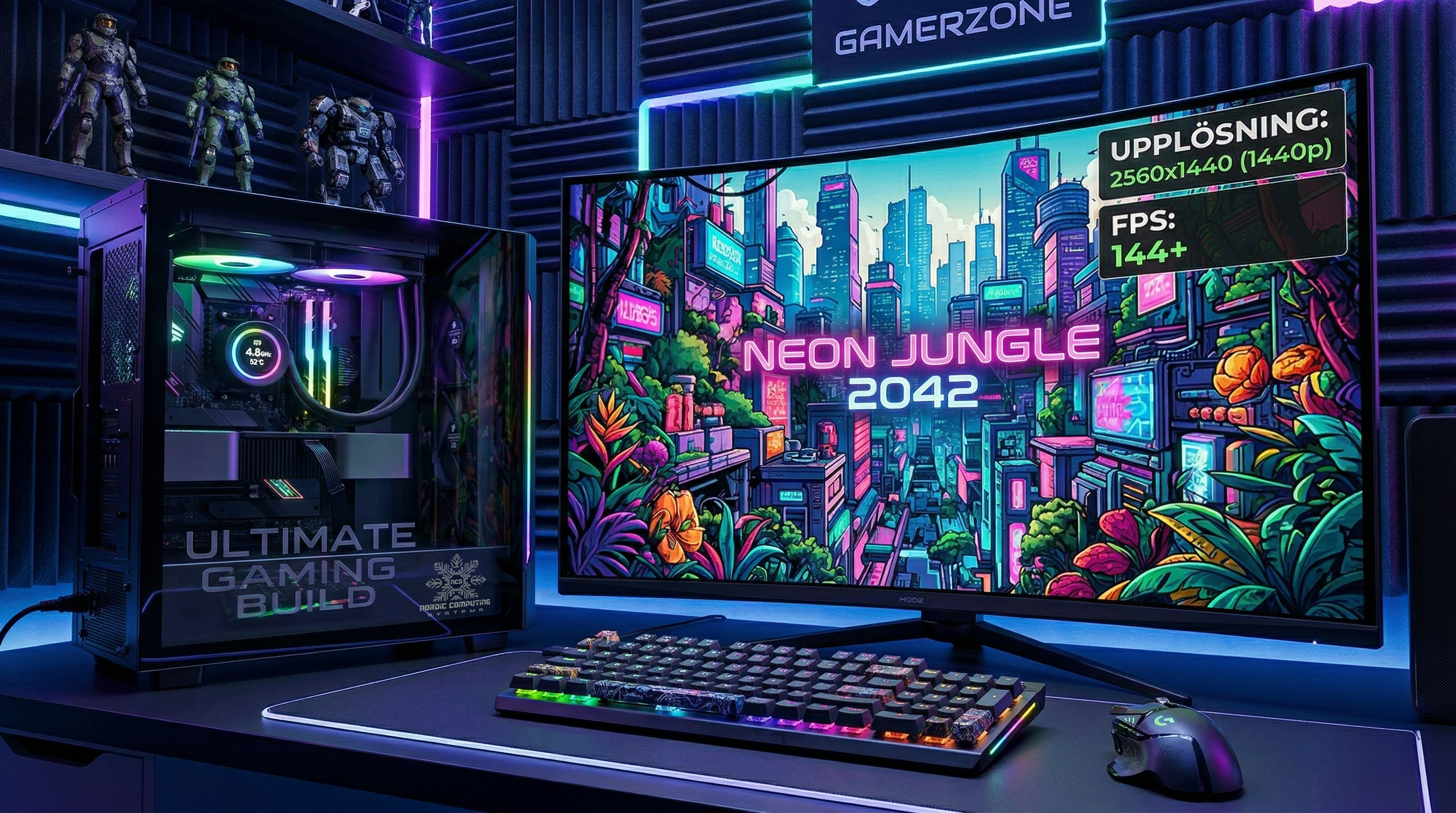 Modern gaming-setup i ett mörkt rum med en RGB-belyst dator och en böjd skärm som visar 1440p-prestanda.