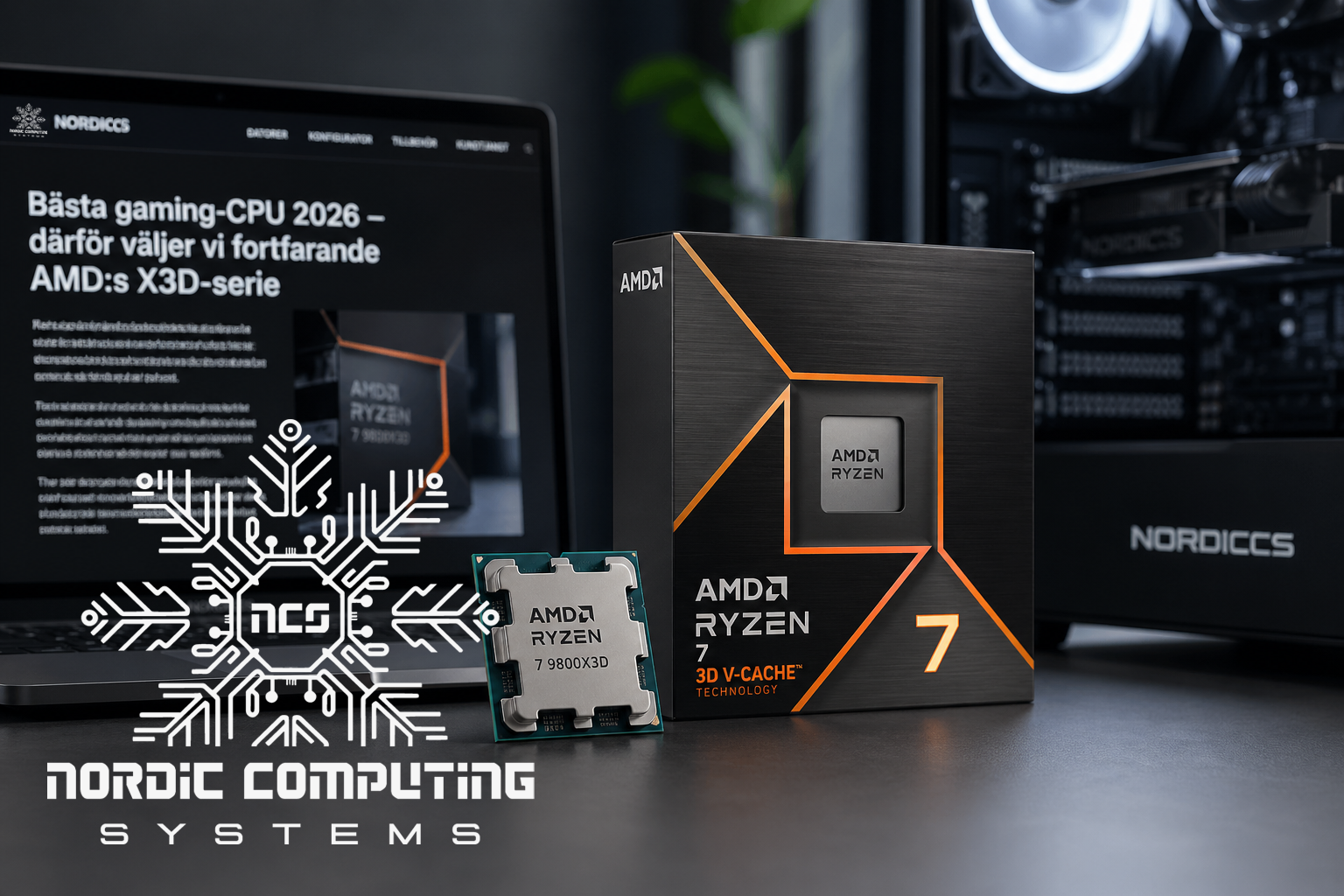 Bild på en AMD X3D processor samt bild på en dator som har uppe www.nordiccs.se hemsidan i bakgrunden