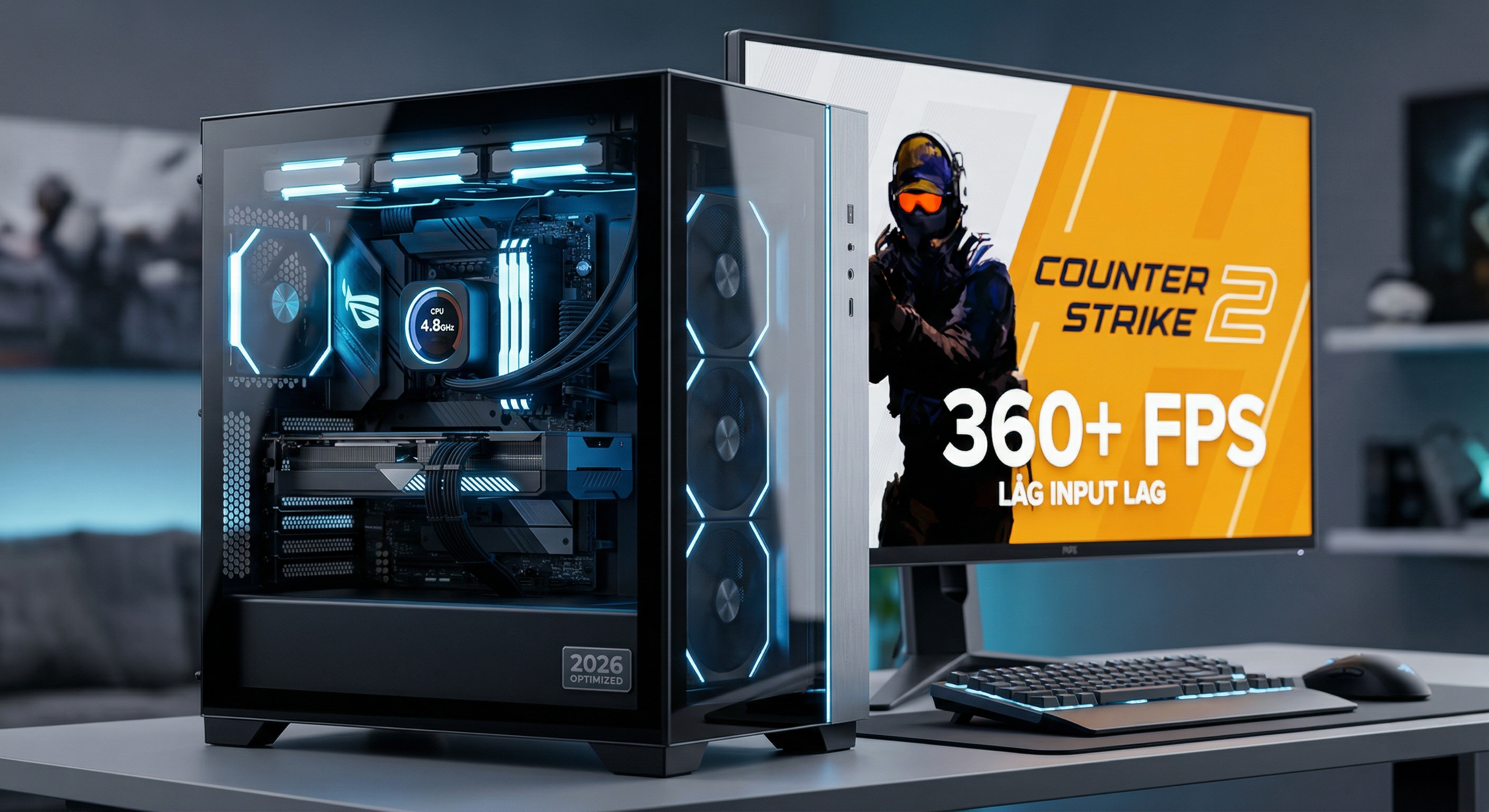 En upplyst gamingdator med blå belysning och en bildskärm som visar spelet Counter-Strike 2 på ett skrivbord.