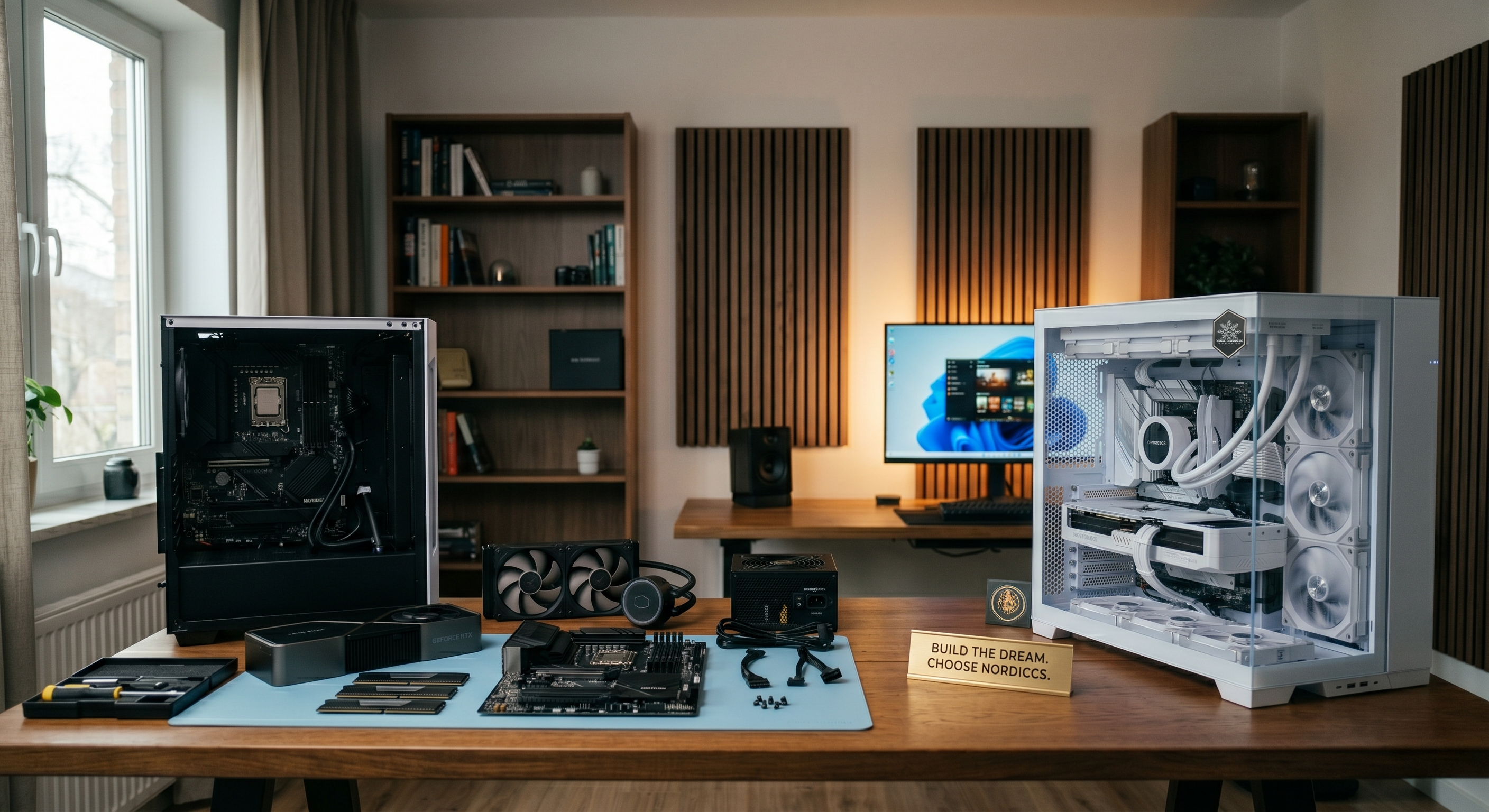 En bild på två datorer från Nordic Computing Systems. En vit som är helt färdigbyggd och en svart som håller på att byggas.