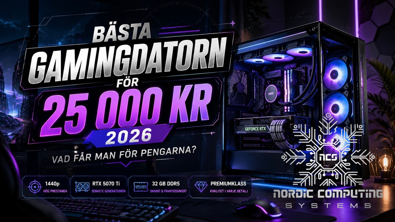 Bästa gamingdatorn för 25 000 kr 2026 med fokus på RTX 5070 Ti, 32 GB RAM, 1440p, Ragnarök AMD och Ragnarök Intel.