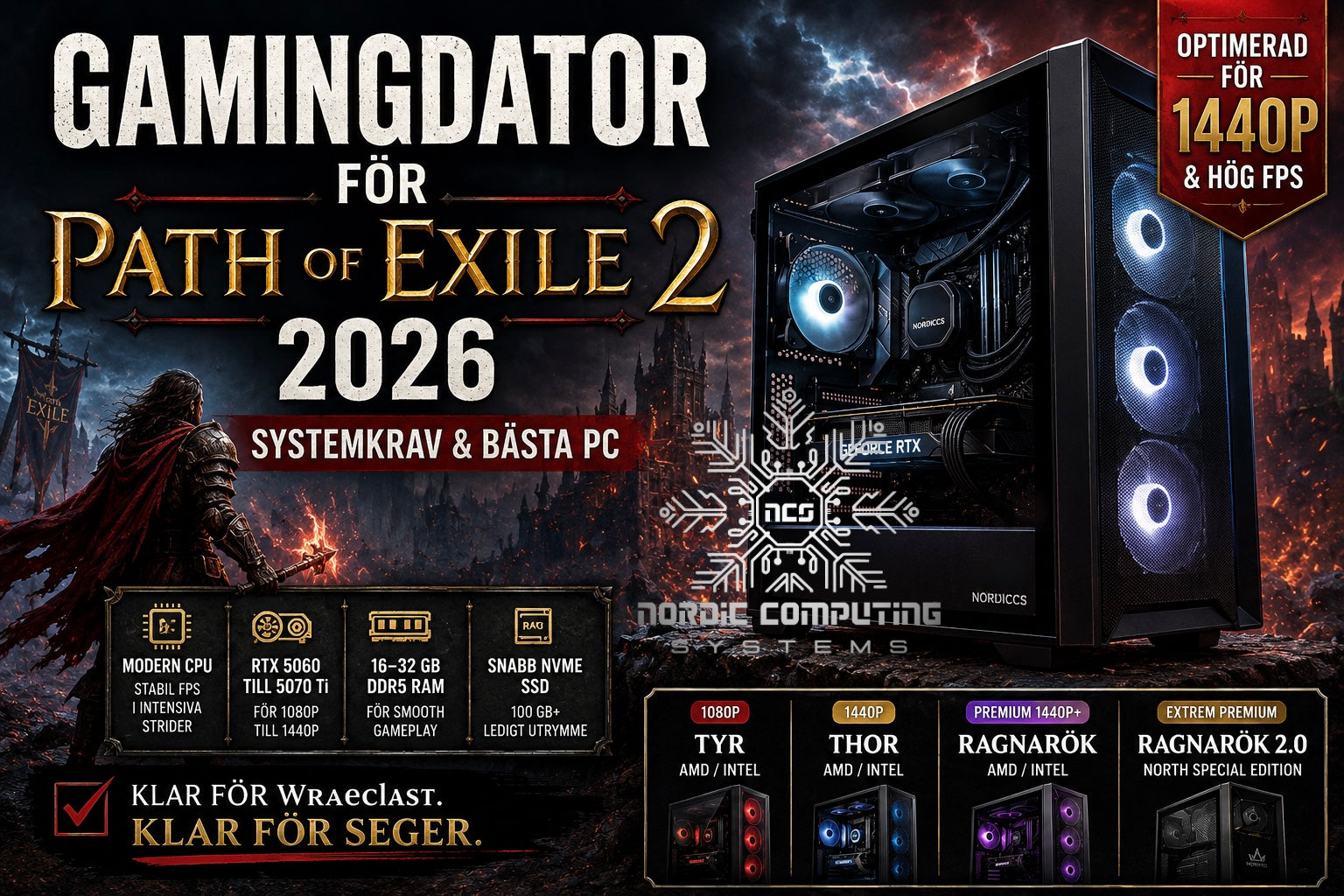 Gamingdator för Path of Exile 2 2026 med fokus på systemkrav, RTX 5060, RTX 5070, 32 GB RAM, SSD och 1440p.