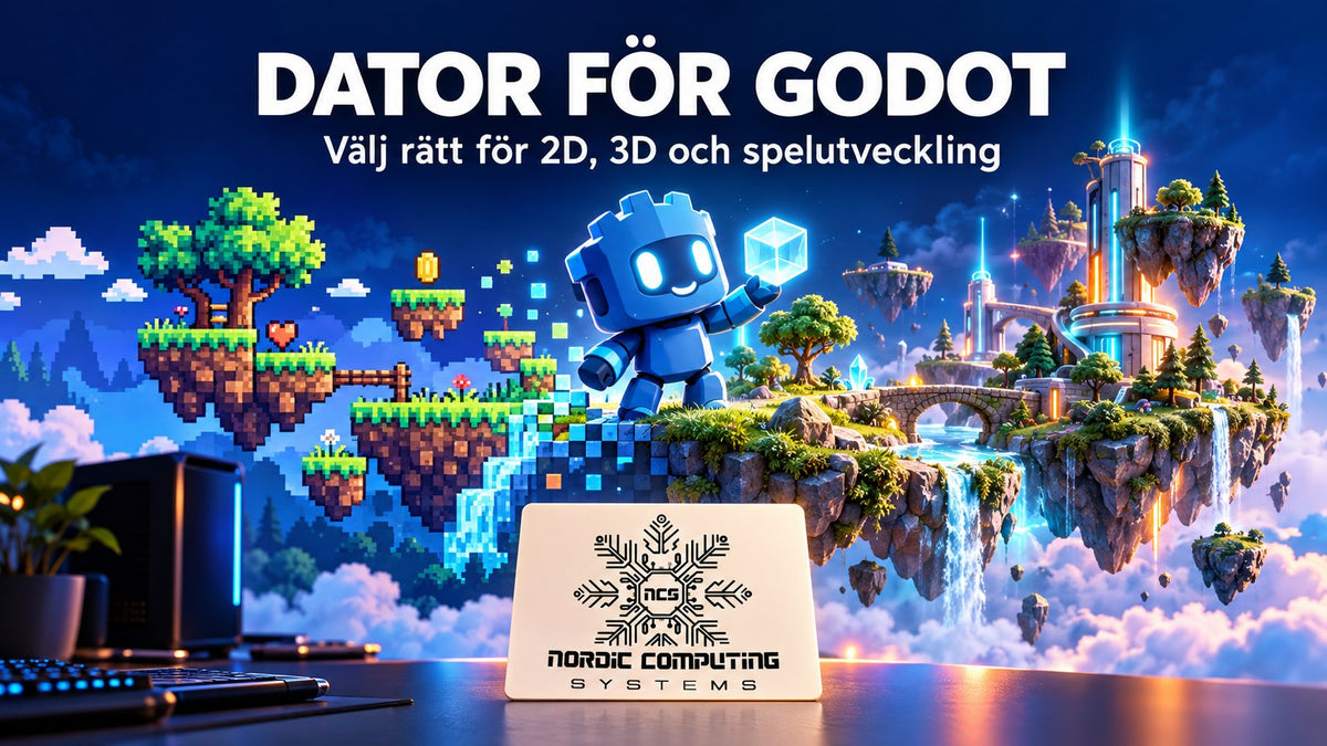 Dator för Godot – välj rätt för 2D, 3D och spelutveckling – eget tematiskt omslag med NCS-logga.