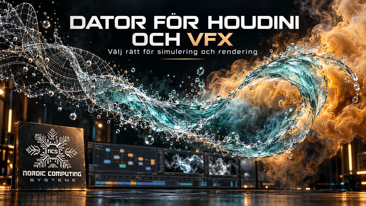Dator för Houdini och VFX – välj rätt för simulering och rendering – tematiskt omslag med NCS-logga.