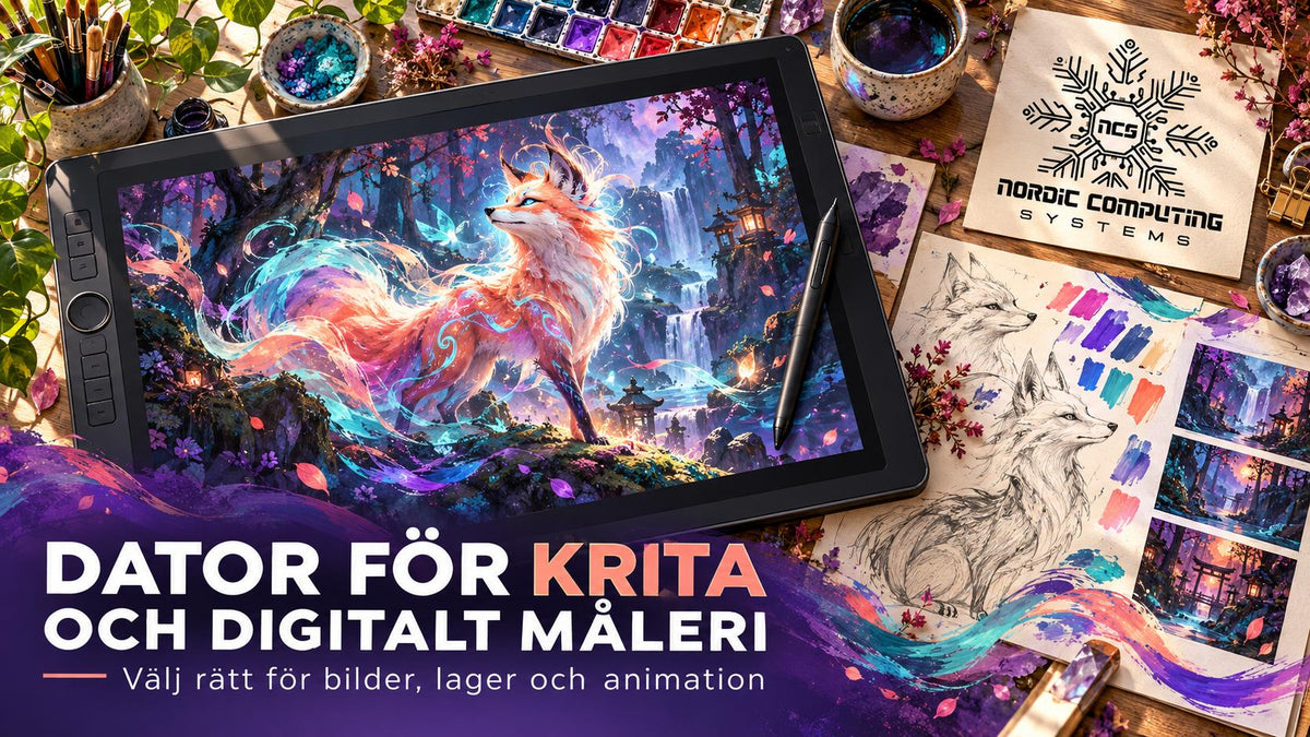 Dator för Krita och digitalt måleri – välj rätt för bilder, lager och animation – tematiskt omslag med NCS-logga.