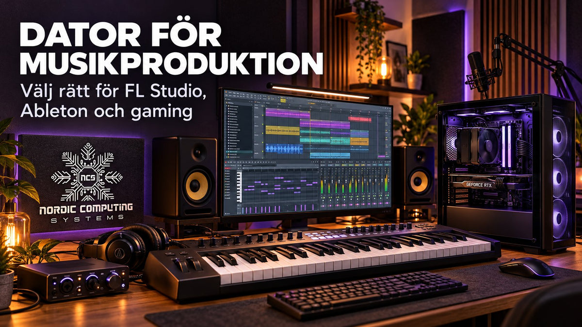 Dator för musikproduktion – hemmastudio med gamingdator, MIDI-klaviatur, ljudinterface och artikelns titel samt Nordic Computing Systems logga.