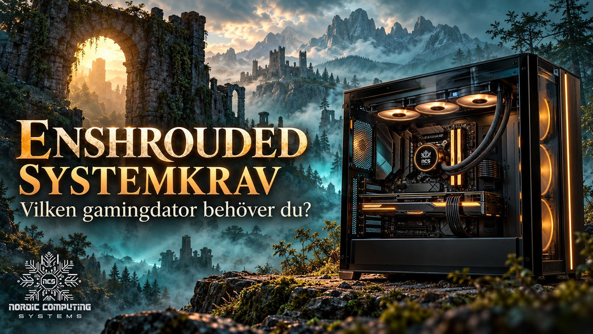 Gamingdator med guldfärgad belysning i en dimhöljd fantasymiljö inspirerad av Enshrouded
