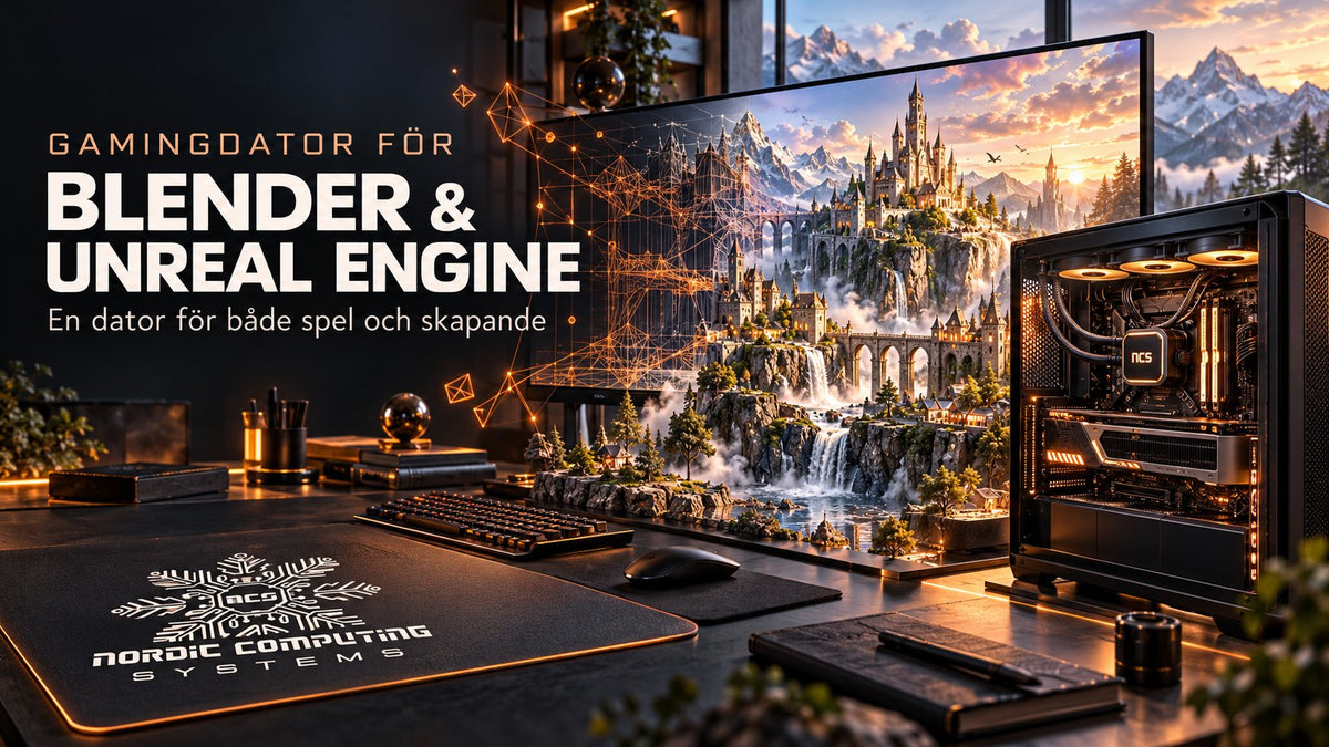 Gamingdator för Blender och Unreal Engine – en 3D-värld som övergår från wireframe till färdig rendering, med artikelns titel och NCS-logga.