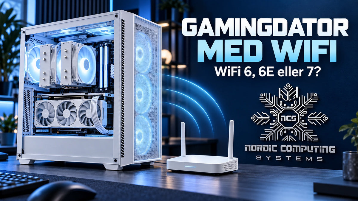 Gamingdator och trådlös router i blå studiobelysning med rubriken Gamingdator med WiFi och NCS-logga.