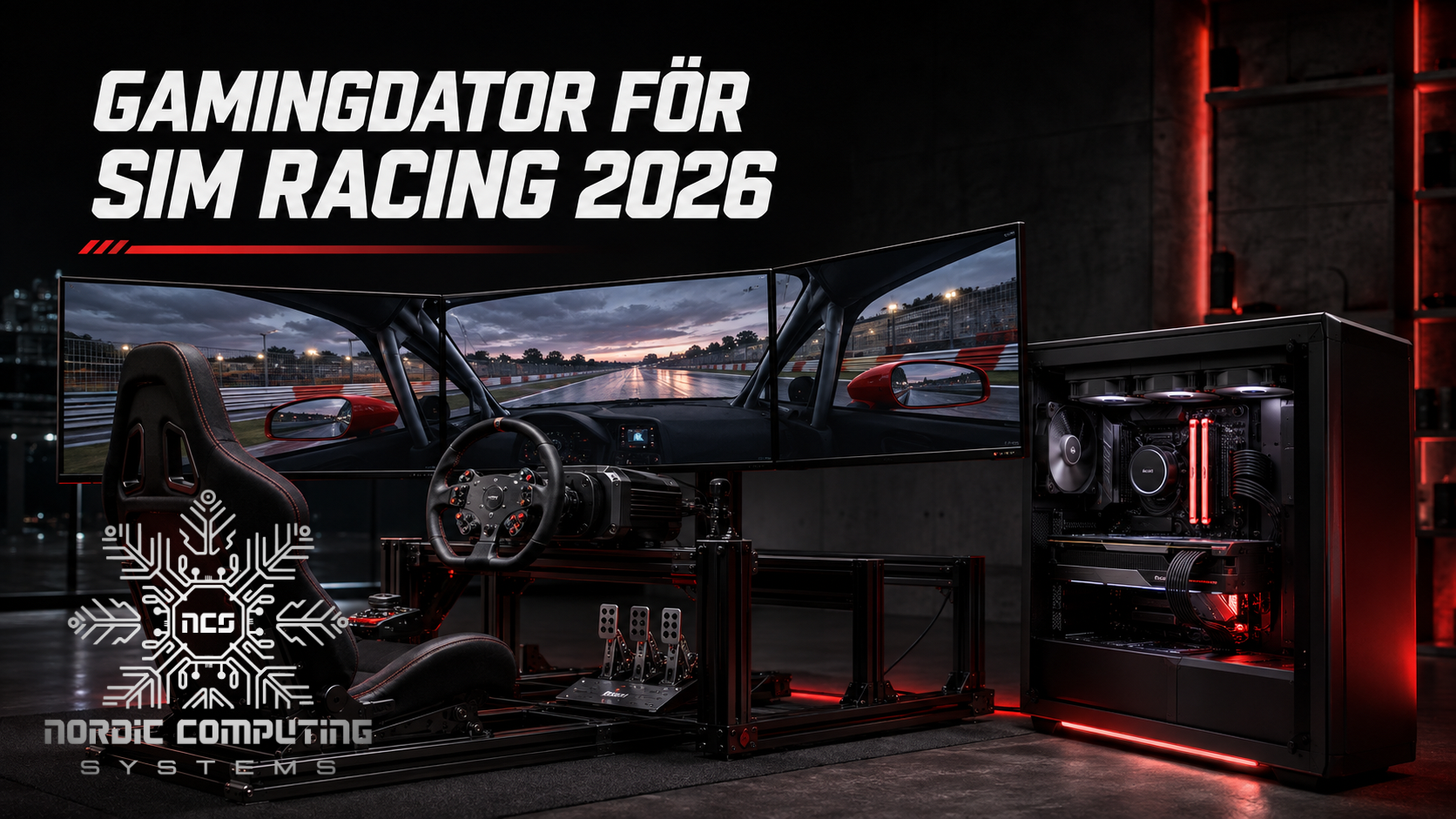 Gamingdator för sim racing med direct-drive-ratt, pedaler och tre skärmar i en komplett racingrigg