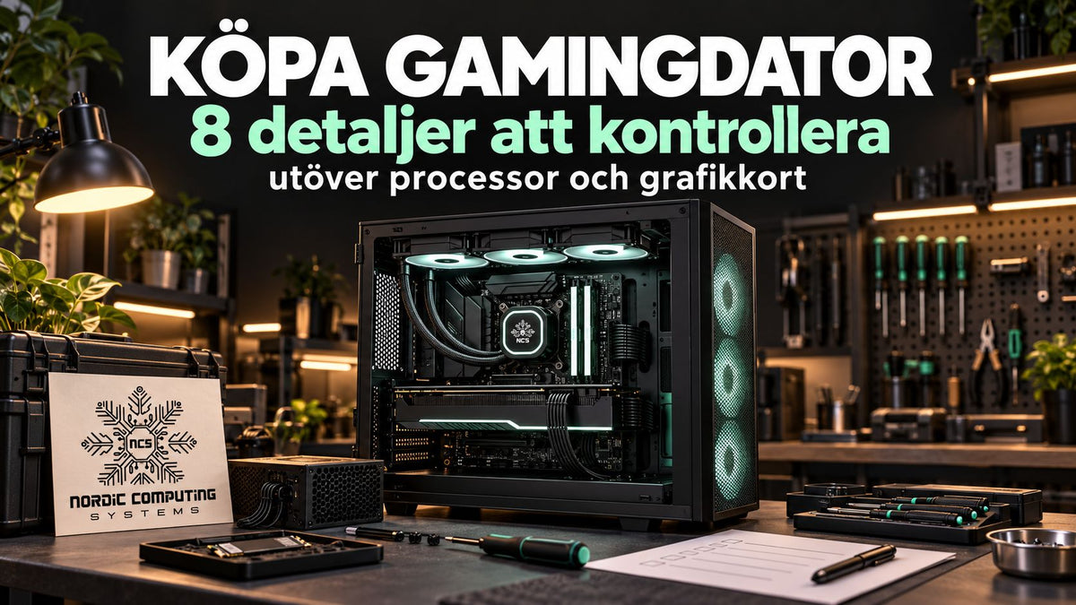 Köpa gamingdator – 8 detaljer att kontrollera utöver processor och grafikkort. Gamingdator med två RAM-moduler i en verkstadsmiljö, komponenter och verktyg på arbetsbänken samt NCS-märkning.