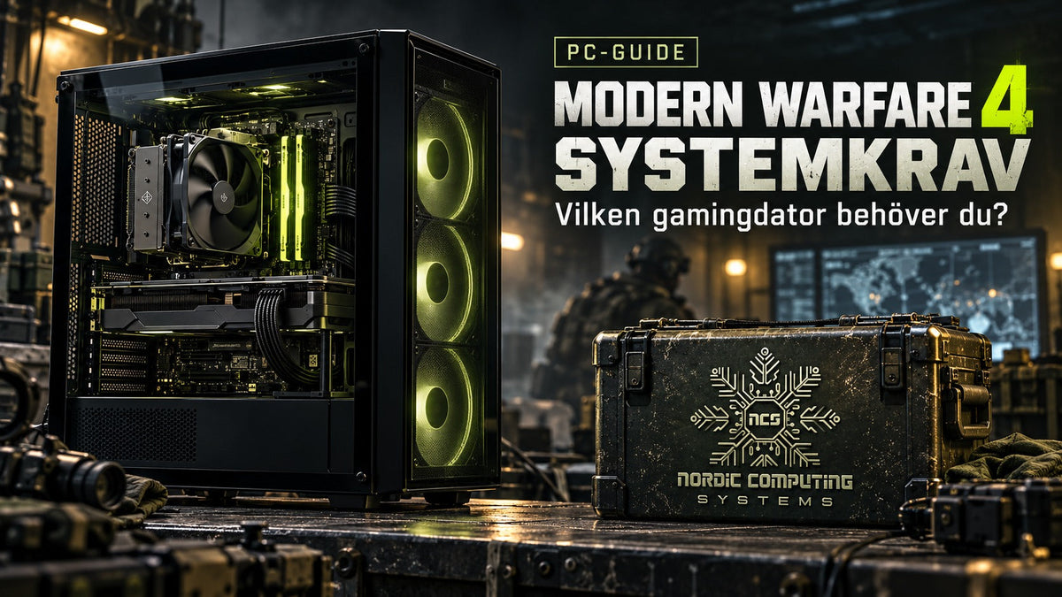 Gamingdator med grön belysning i militär miljö, NCS-logga på en utrustningslåda och rubriken Modern Warfare 4 systemkrav.