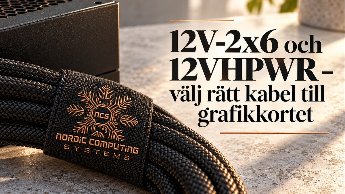 12V-2x6 och 12VHPWR – välj rätt kabel till grafikkortet. Ljus industrimiljö med flätad kabel och NCS-loggan broderad i kabelhållaren.