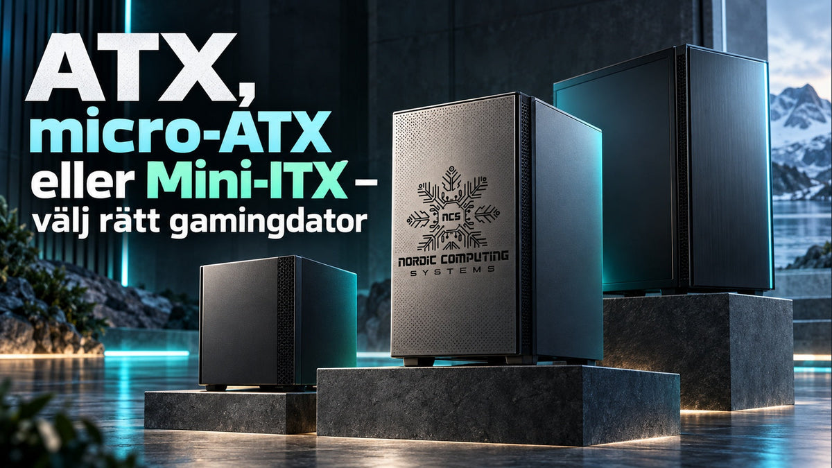 ATX, micro-ATX eller Mini-ITX – välj rätt gamingdator. Tre slutna datorchassin i olika storlekar med turkost ljus och NCS-logga i metallytan.