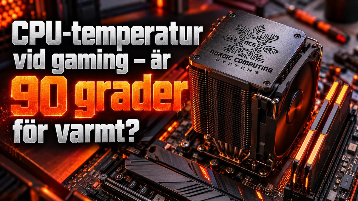 CPU-temperatur vid gaming – är 90 grader för varmt? Makrobild av luftkylning med två RAM-moduler, bärnstensljus och integrerad NCS-logga.