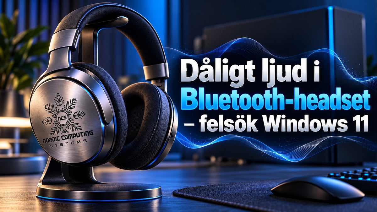 Dåligt ljud i Bluetooth-headset – felsök Windows 11. Blå ljudinspirerad typografi, trådlösa hörlurar och NCS-loggan präglad i en metallkåpa.