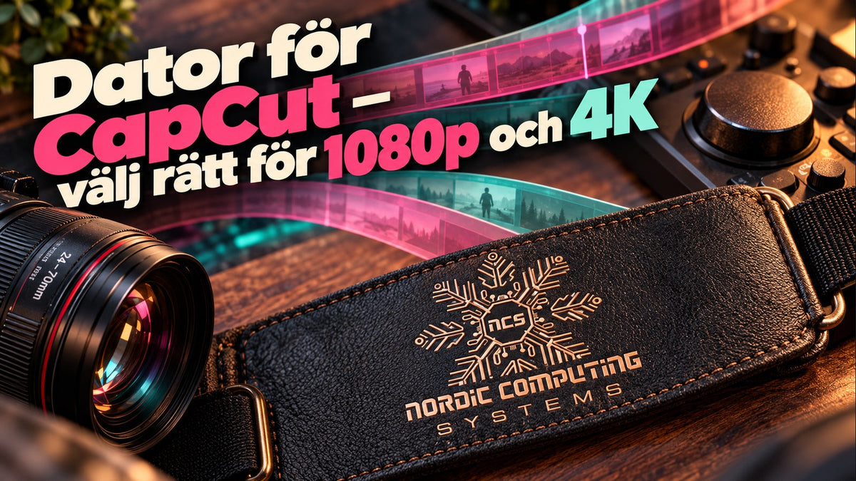 Dator för CapCut – välj rätt för 1080p och 4K. Mintgrön och rosa typografi, kamera och NCS-loggan integrerad i en läderrem.