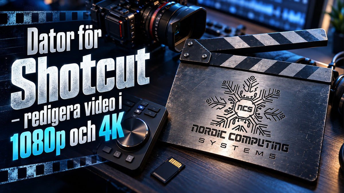 Dator för Shotcut – redigera video i 1080p och 4K. Filmisk typografi i cyan, kamera och NCS-loggan graverad i en metallklappa.