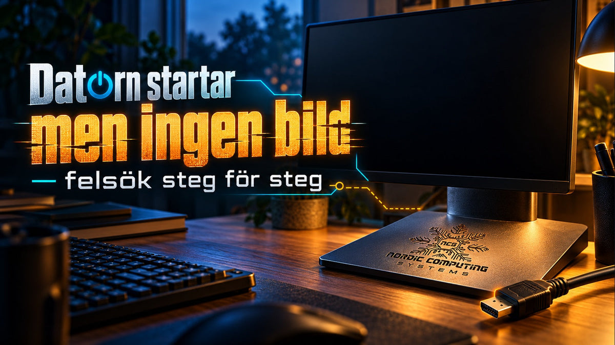 Datorn startar men ingen bild – felsök steg för steg. Diagnostisk typografi, bildskärm och HDMI-kabel med NCS-loggan graverad i skärmstativet.