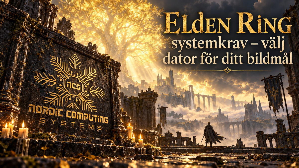 Mörkt fantasylandskap med guldfärgad artikelrubrik och NCS-loggan ristad i ett stenaltare.