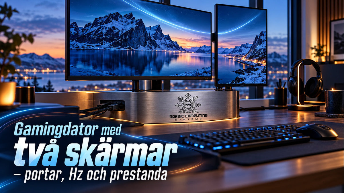 Gamingdator med två skärmar – portar, Hz och prestanda. Isblå skrivbordsmiljö med två skärmar och NCS-loggan i skärmfästets metall.