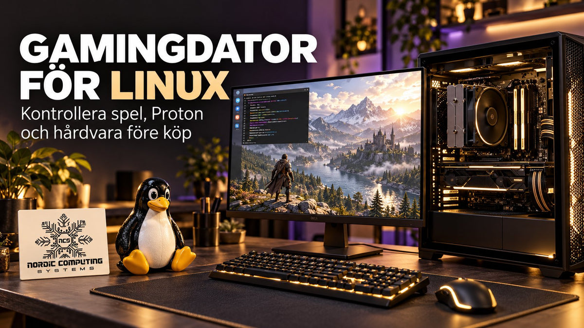 Gamingdator för Linux med terminal, pingvinfigur, artikelns titel och NCS-logga.