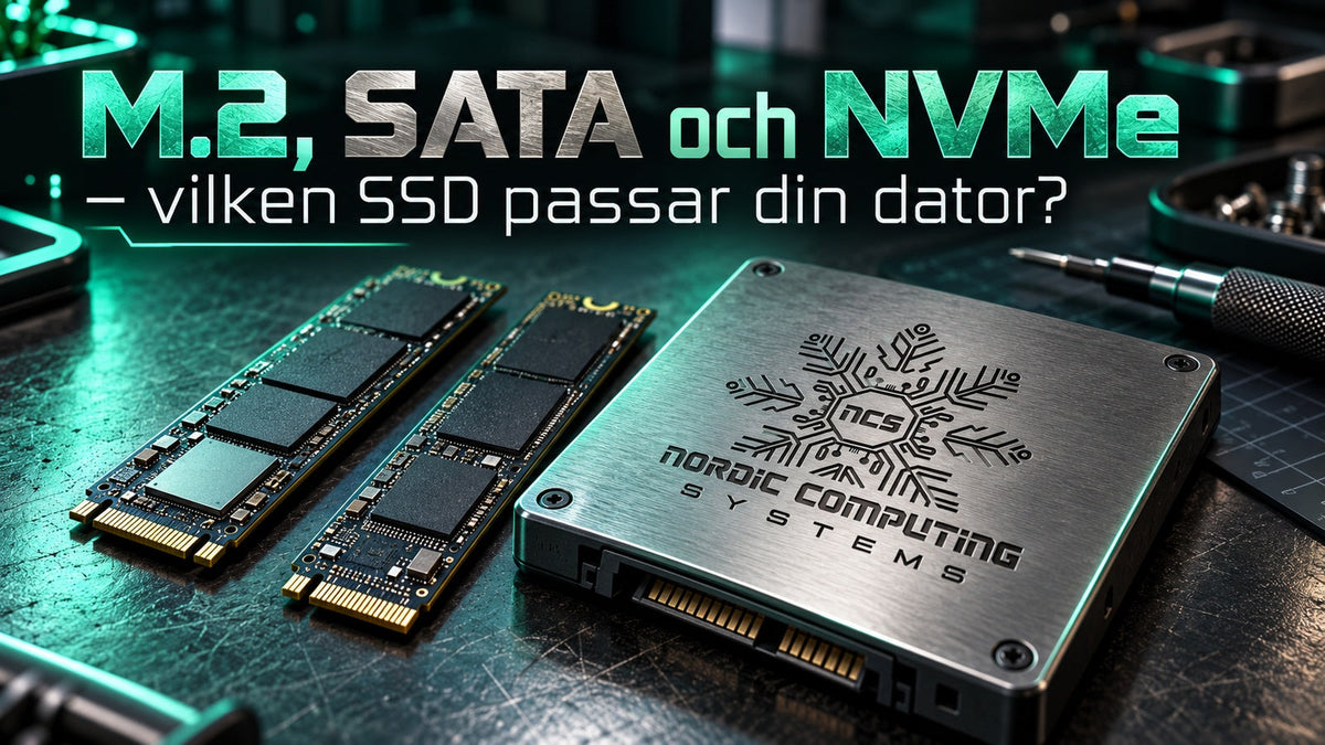 M.2, SATA och NVMe – vilken SSD passar din dator? Mintgrönt tekniktema med M.2-enheter och NCS-loggan graverad i ett SSD-hölje.