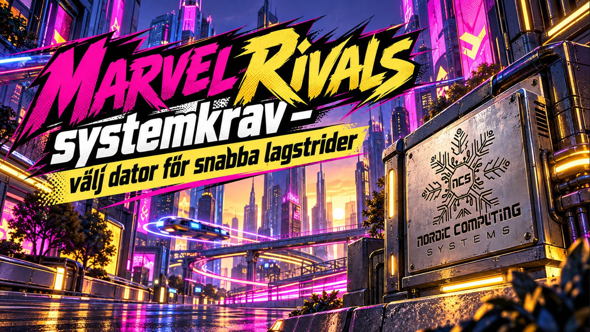 Marvel Rivals systemkrav – välj dator för snabba lagstrider. Magenta och indigo, serietidningsinspirerad stad, hela titeln och NCS-logga integrerad i miljön.