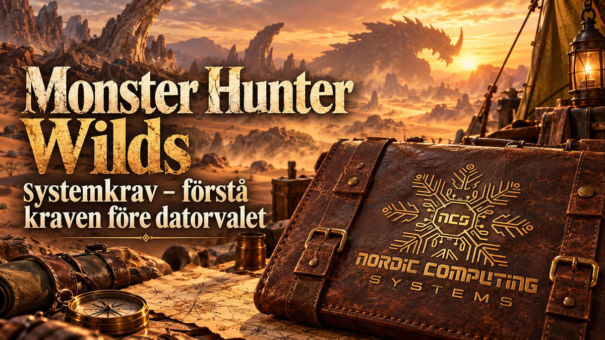 Fantasyläger i ett ökenlandskap med artikelns titel och NCS-loggan präglad i ett läderfodral för kartor.