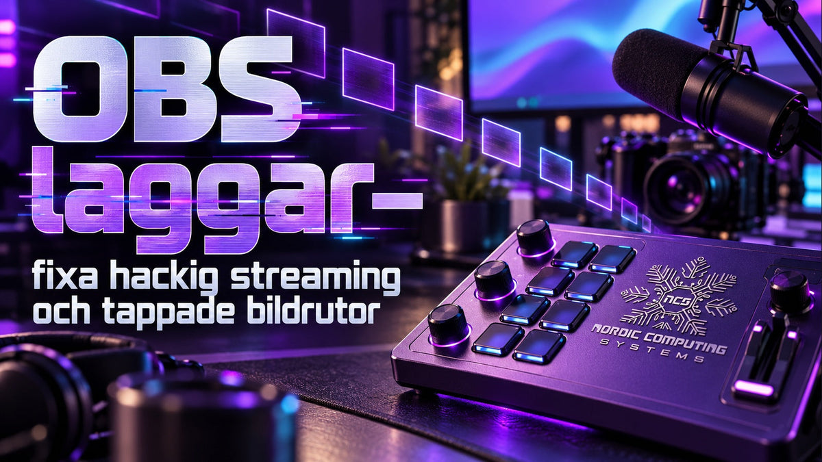 OBS laggar – fixa hackig streaming och tappade bildrutor. Violett streamingmiljö med NCS-loggan graverad i en kontrollpanel.