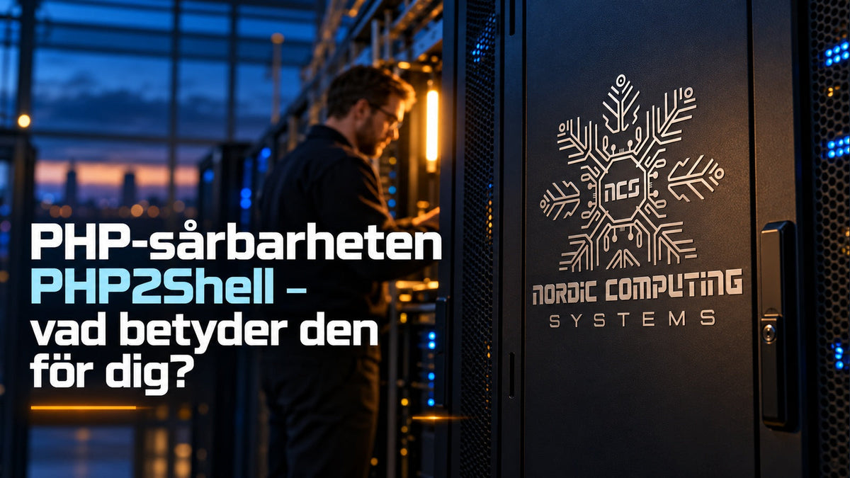 Servermiljö i blått och bärnsten med hela artikelrubriken och NCS-loggan ingraverad i serverrackens mörka front.