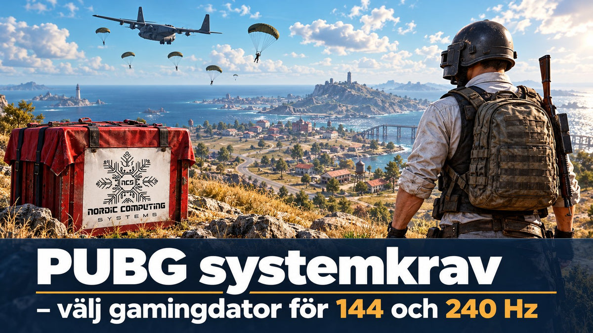 PUBG systemkrav – välj gamingdator för 144 och 240 Hz. Ömiljö med fallskärmar, spelare och NCS-logga på en airdrop-låda.