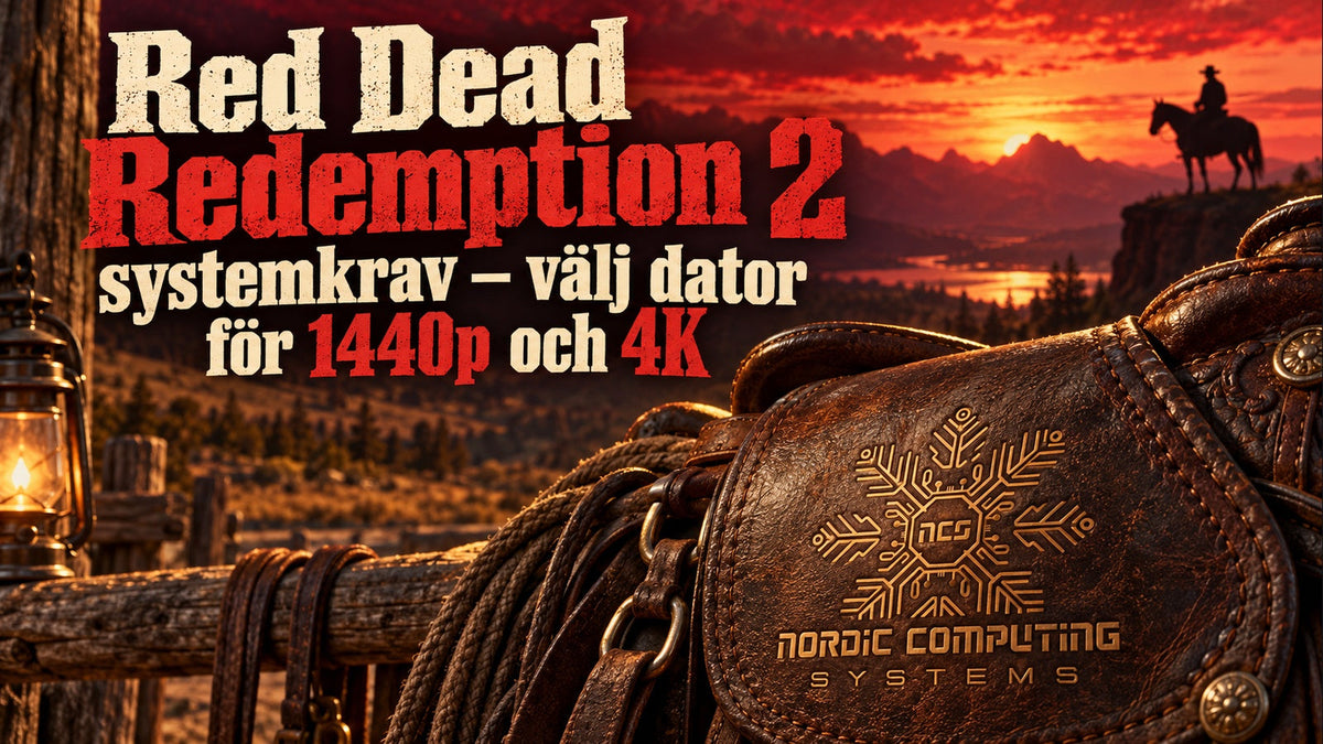 Red Dead Redemption 2 systemkrav – välj dator för 1440p och 4K. Röd och gräddvit westerntypografi och NCS-loggan präglad i en lädersadel.