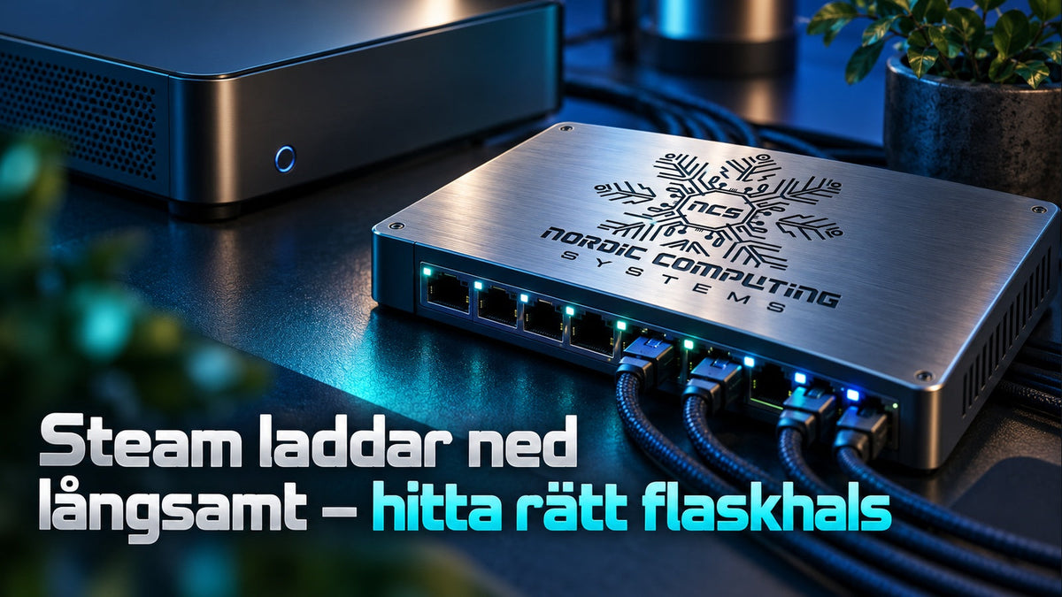 Nätverksutrustning och sluten dator i blågrönt ljus med artikelrubrik och NCS-loggan i metallytan.