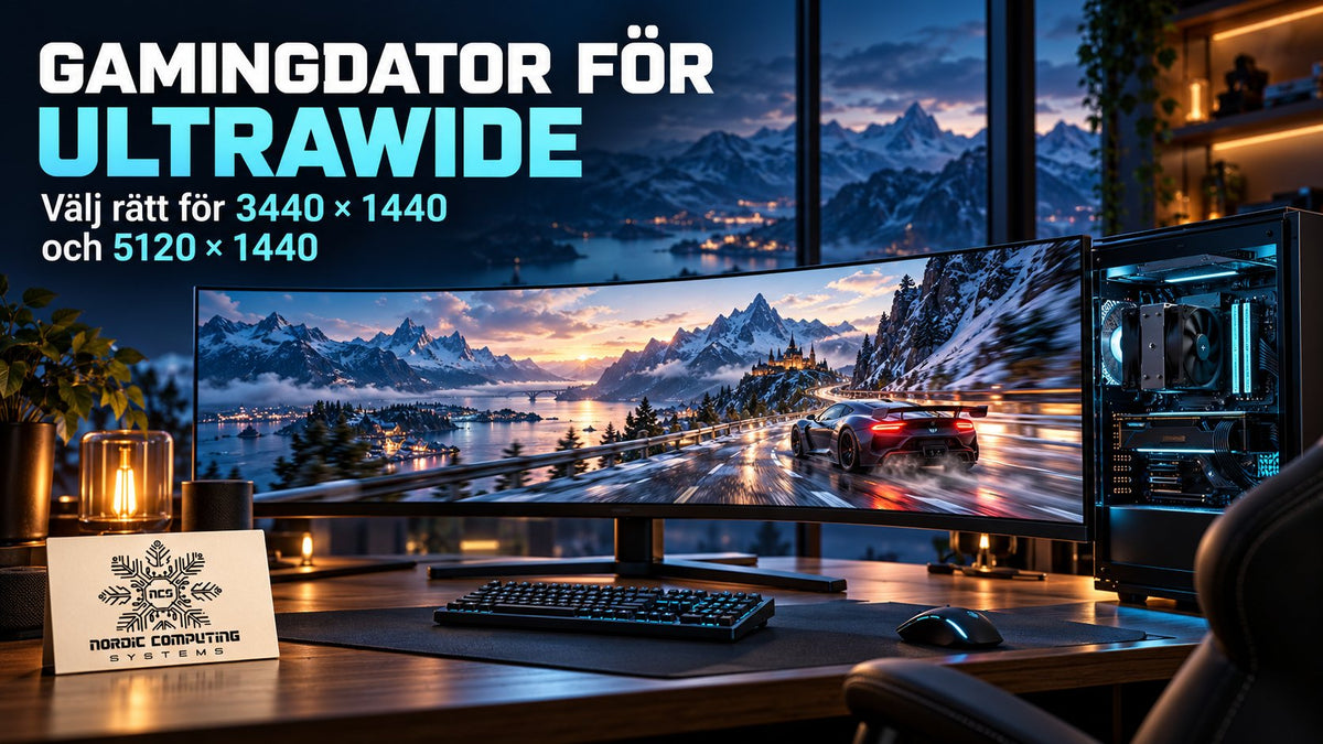 Gamingdator för ultrawide med bred böjd skärm, artikelns titel och NCS-logga.