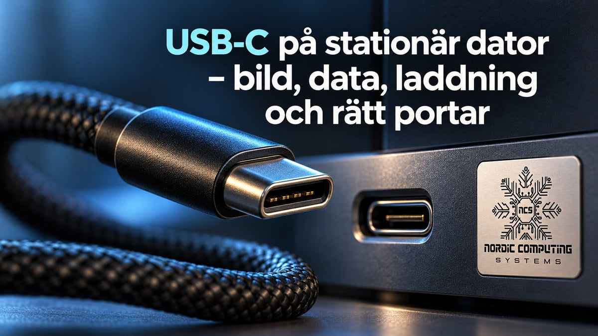 USB-C på stationär dator – bild, data, laddning och rätt portar. Närbild av USB-C-kontakt och port med NCS-logga på en metallpanel.