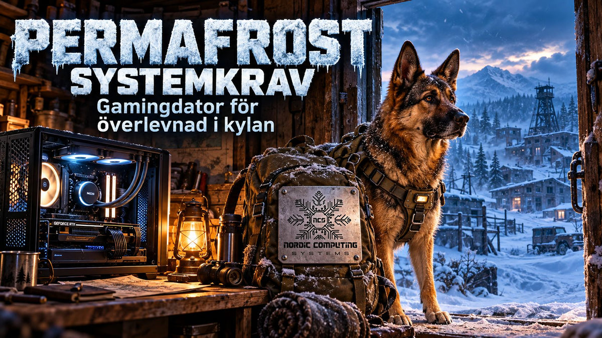 Permafrost systemkrav – gamingdator för överlevnad i kylan: gamingdator i en varm stuga, hund vid dörren och Nordic Computing Systems logga på en ryggsäck framför ett vinterlandskap