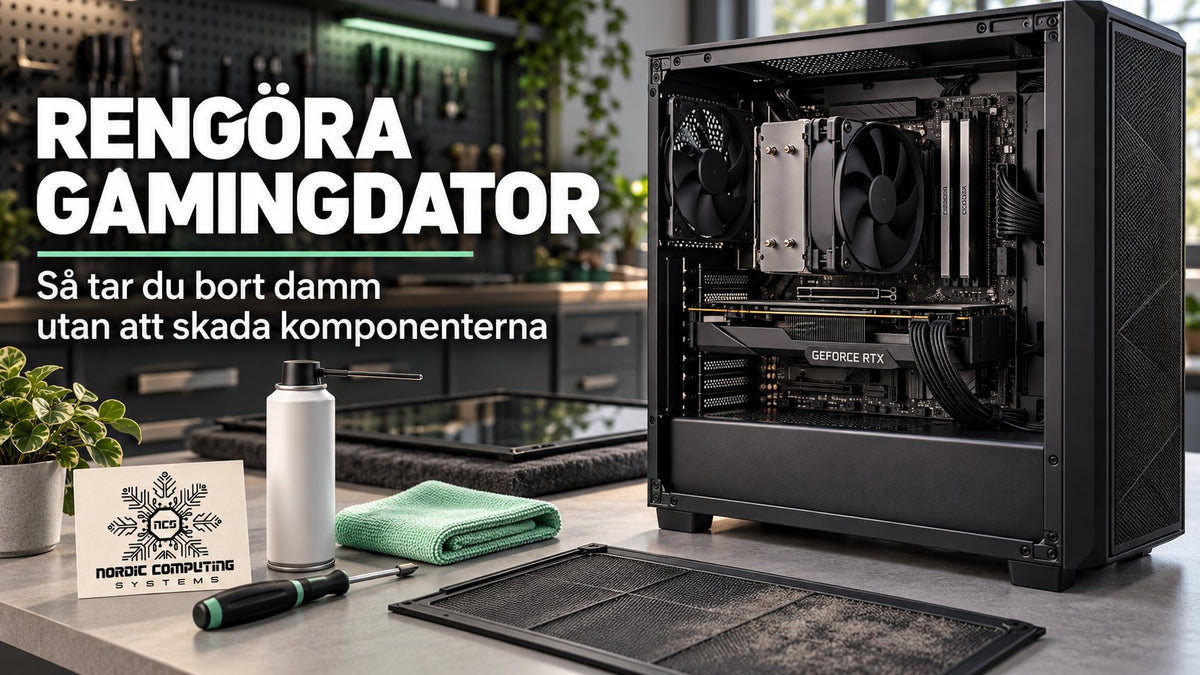Rengöra gamingdator – avstängd dator på arbetsbänk med dammfilter, mikrofiberduk, tryckluftsburk och NCS-logga.
