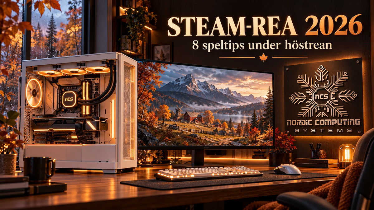 Vit gamingdator i höstmiljö med NCS-logga och texten Steam-rea 2026 – 8 speltips under höstrean.