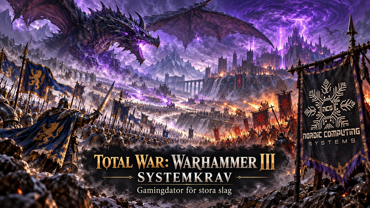 Total War: WARHAMMER III systemkrav – gamingdator för stora slag – tematiskt omslag med NCS-logga.