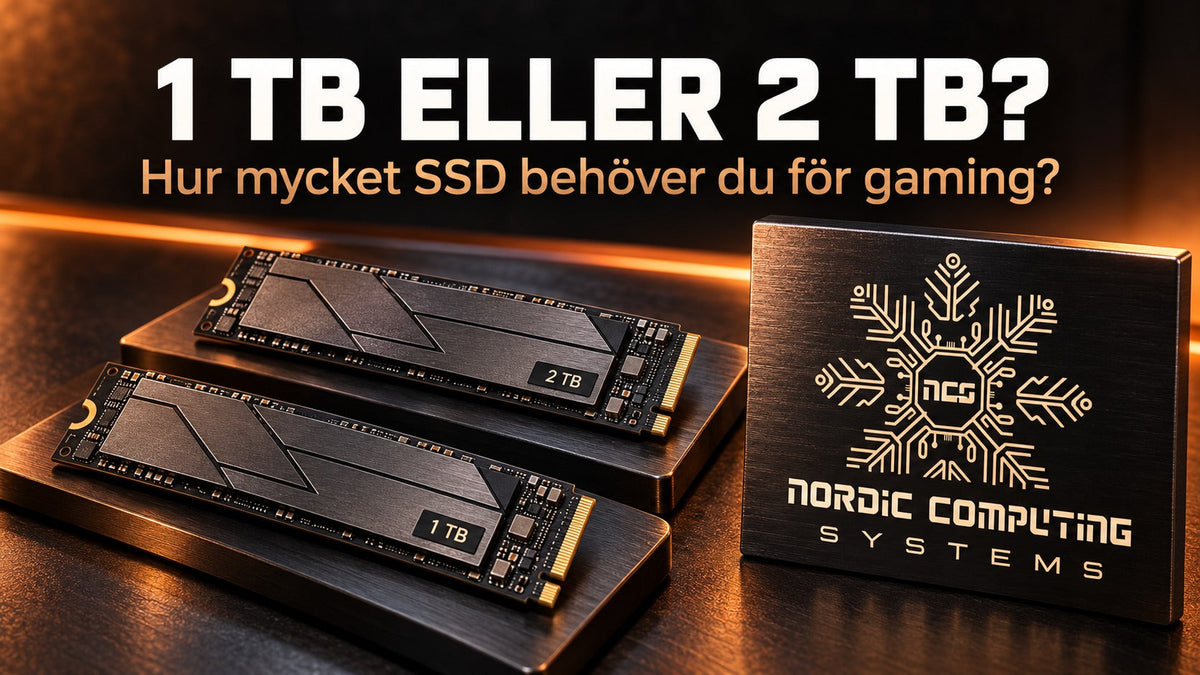 Två SSD-enheter märkta 1 TB och 2 TB bredvid Nordic Computing Systems logga i varm orange belysning.