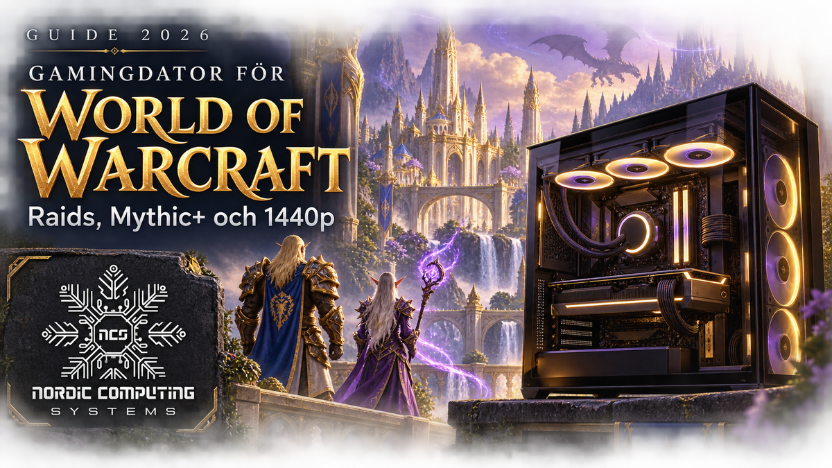 WoW-inspirerad fantasystad med gamingdator i guld och violett, artikelrubrik och Nordic Computing Systems logga.