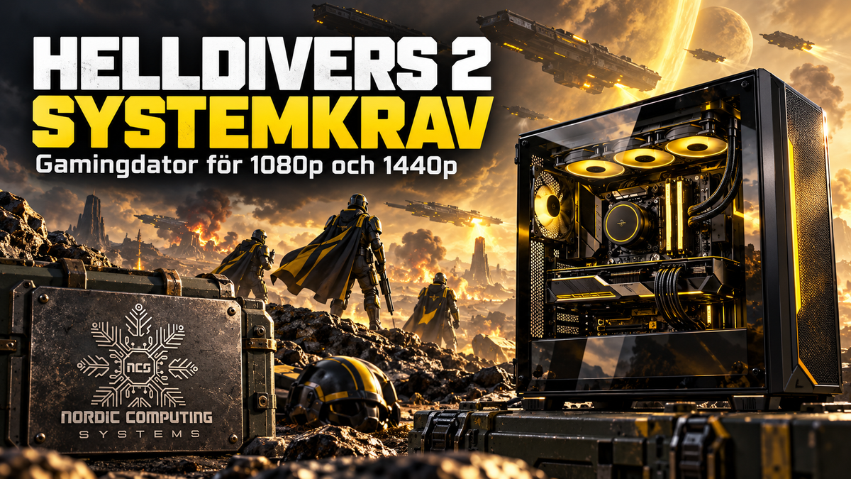 Svart gamingdator med gul belysning i en Helldivers-inspirerad stridsmiljö, med NCS-logga och rubriken Helldivers 2 systemkrav.