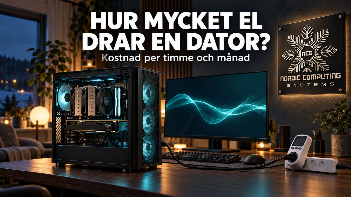 Gamingdator med elmätare och NCS-logga – hur mycket el drar en dator?